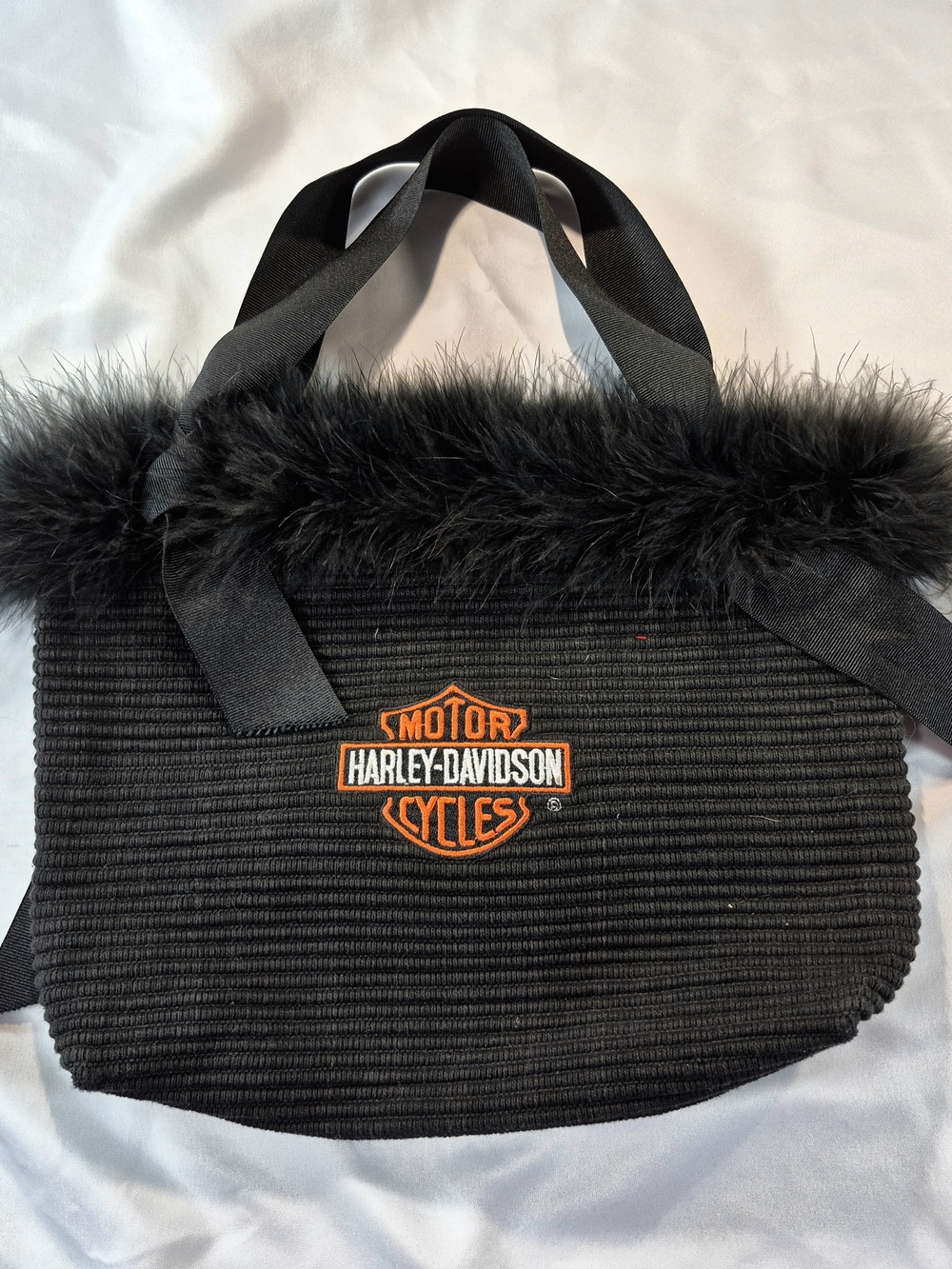 NWOT Harley-Davidson Y2K Faux Fur & Ribbon Ribbed Mini Tote Biker Chic Moto Rare